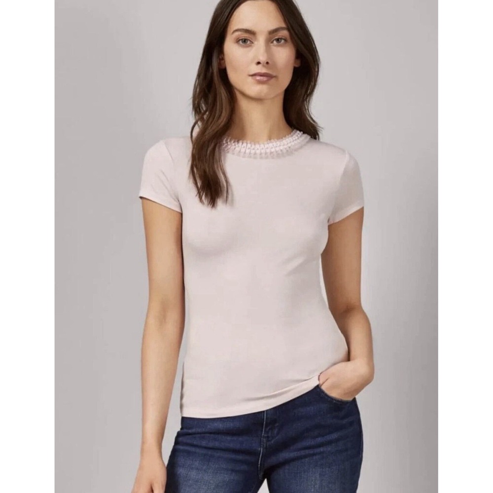 TED BAKER London M Jacii Feminine Chic Beaded Ribbon Frill Neck Tee Top Sz 2